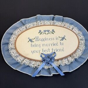 Vintage Sunset Designs "Happiness" Framed Completed Cross Stitch Wall Art Decor